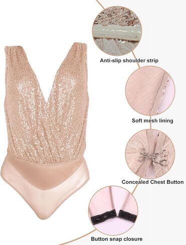 بدلة قطعة علوية من الترتر من FAIABLE للنساء، قطعة علوية لامعة بدون أكمام، بدلة قطعة واحدة مثيرة بدون ظهر على شكل حرف V للنساء، ذهبي، مقاس كبير in Kuwait