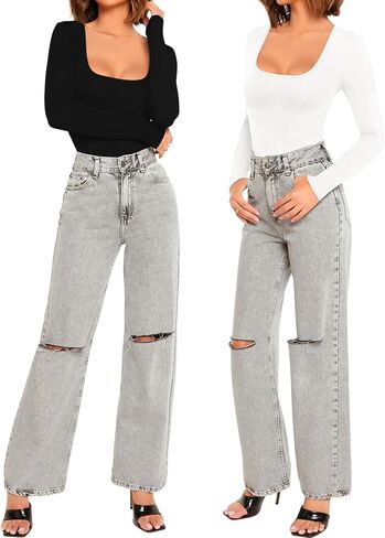 Allchic Womens Bodysuit Tops Long Sleeve Scoop Neck T Shirt Basic Jumpsuits in Kuwait