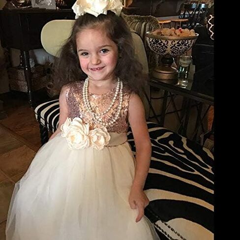 فستان حفلة عيد ميلاد للفتيات من Topmaker Couture باللون الذهبي اللامع مزين بالترتر على شكل زهرة in Kuwait