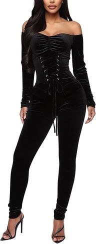 جمبسوت نسائي من VOIKERDR مكشوف الأكتاف من الريش قطعة واحدة للنساء بخصر عالٍ رومبير مخملي مثير in Kuwait