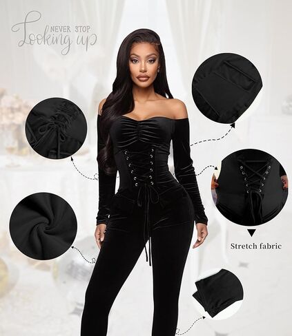 جمبسوت نسائي من VOIKERDR مكشوف الأكتاف من الريش قطعة واحدة للنساء بخصر عالٍ رومبير مخملي مثير in Kuwait