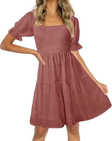 TECREW Womens Square Neck Puff Sleeve Mini Dress Summer Chiffon Swiss Dot Flowy Smocked Dress in Kuwait