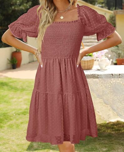 TECREW Womens Square Neck Puff Sleeve Mini Dress Summer Chiffon Swiss Dot Flowy Smocked Dress in Kuwait