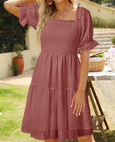 TECREW Womens Square Neck Puff Sleeve Mini Dress Summer Chiffon Swiss Dot Flowy Smocked Dress in Kuwait