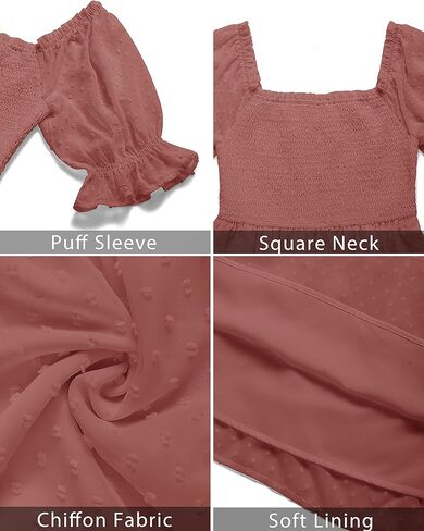 TECREW Womens Square Neck Puff Sleeve Mini Dress Summer Chiffon Swiss Dot Flowy Smocked Dress in Kuwait