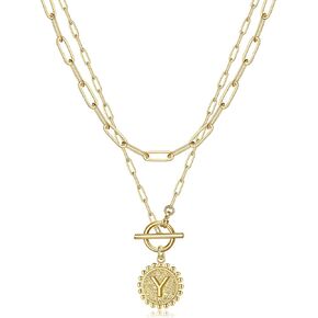 Gold Layered Initial Necklaces for Women, 14K Gold Plated Dainty Layering Paperclip Link Chain Necklace Personalized Toggle Clasp Coin Initial Pendant Layered Necklaces for Women Gold Jewelry
