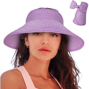 Women's Sun Visor Hats Wide Brim Straw Beach Hat Ponytail Hats for Women Foldable Floppy