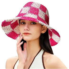 Sun Hats Checkerboard Straw Bucket Hat for Women Packable Crochet Wide Brim Floppy Beach Hats Traveling Summer Accessories