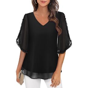 Messic Womens Ruffle Half Sleeve Blouses Double Layered Blouse V Neck Chiffon Dressy Tops