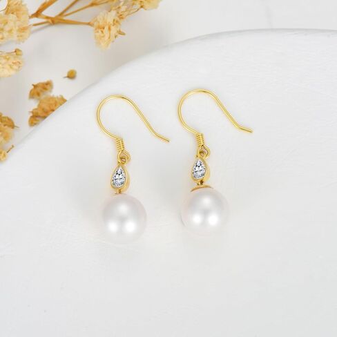 14k Gold Pearl Dangle Earrings for Women, Fine Jewelry Gifts for Her, 10 MM Freshwater Cultured Pearl, Metal, Pearl Cubic Zirconia in Saudi Arabia