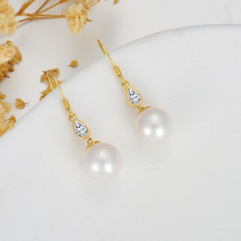 14k Gold Pearl Dangle Earrings for Women, Fine Jewelry Gifts for Her, 10 MM Freshwater Cultured Pearl, Metal, Pearl Cubic Zirconia in Saudi Arabia