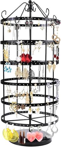 حامل اقراط دوار 360 درجة ومنظم مجوهرات، حامل عرض مجوهرات من 6 طبقات، 288 فتحة لتنظيم الاقراط، حامل قلادة للبنات، اسود in Kuwait