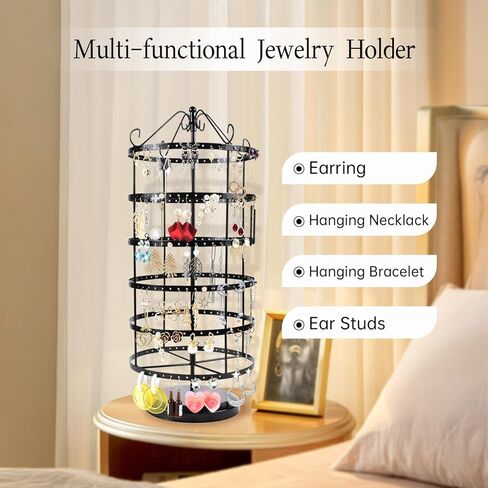 حامل اقراط دوار 360 درجة ومنظم مجوهرات، حامل عرض مجوهرات من 6 طبقات، 288 فتحة لتنظيم الاقراط، حامل قلادة للبنات، اسود in Kuwait