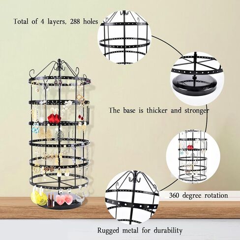 حامل اقراط دوار 360 درجة ومنظم مجوهرات، حامل عرض مجوهرات من 6 طبقات، 288 فتحة لتنظيم الاقراط، حامل قلادة للبنات، اسود in Kuwait
