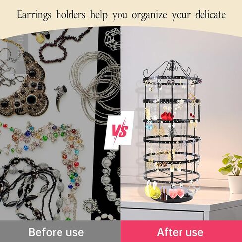 حامل اقراط دوار 360 درجة ومنظم مجوهرات، حامل عرض مجوهرات من 6 طبقات، 288 فتحة لتنظيم الاقراط، حامل قلادة للبنات، اسود in Kuwait