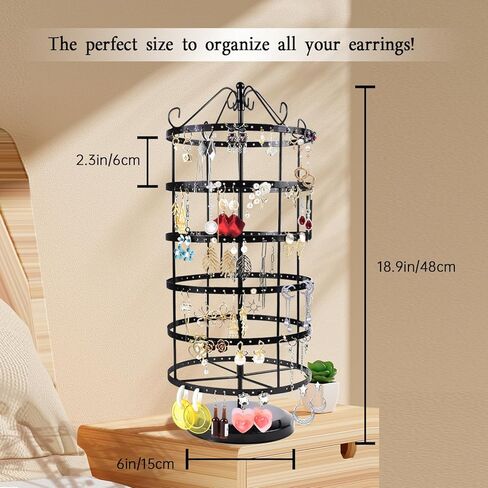 حامل اقراط دوار 360 درجة ومنظم مجوهرات، حامل عرض مجوهرات من 6 طبقات، 288 فتحة لتنظيم الاقراط، حامل قلادة للبنات، اسود in Kuwait