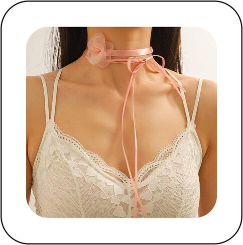 YienDoo Lace Bow Choker Camellia Flower Lace-up Necklace Long Ribbon Floral Neckband Choker Gothic Necklace Jewelry for Women in Kuwait