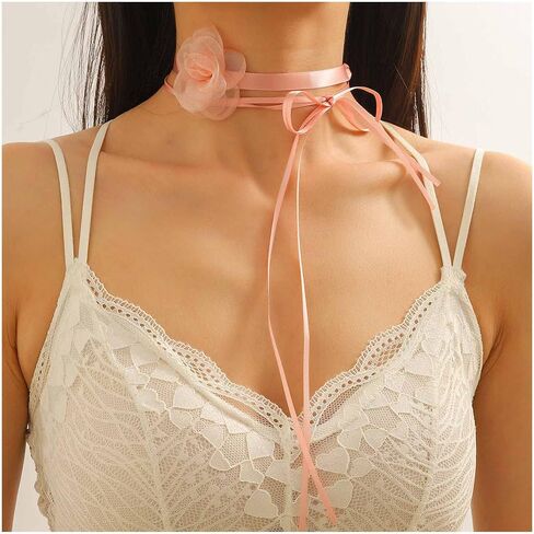 YienDoo Lace Bow Choker Camellia Flower Lace-up Necklace Long Ribbon Floral Neckband Choker Gothic Necklace Jewelry for Women in Kuwait