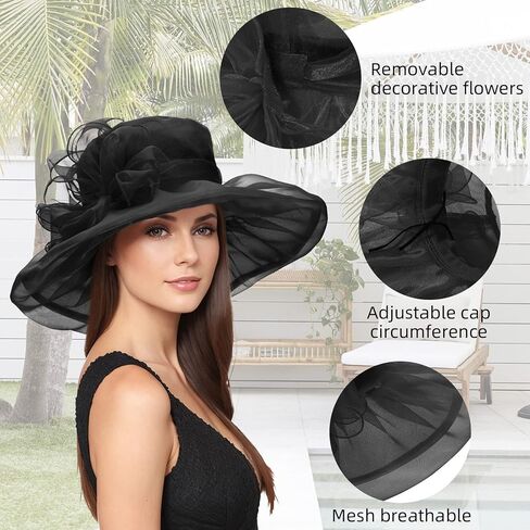 Durio Womens Kentuky Derby Hats Wide Brim Tea Party Hat for Women Organza Church Hats Wedding Fascinator Hats for Women in Saudi Arabia