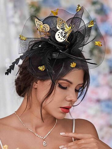 قبعات هيرمولي فاسيناتورز، ريش فراشة شبكية، زهرة سوداء وذهبية لحفلات الهالوين وحفلات الشاي للفتيات in Kuwait