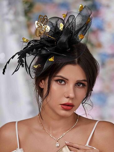 قبعات هيرمولي فاسيناتورز، ريش فراشة شبكية، زهرة سوداء وذهبية لحفلات الهالوين وحفلات الشاي للفتيات in Kuwait