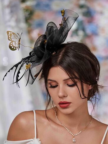 قبعات هيرمولي فاسيناتورز، ريش فراشة شبكية، زهرة سوداء وذهبية لحفلات الهالوين وحفلات الشاي للفتيات in Kuwait