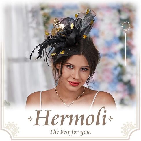 قبعات هيرمولي فاسيناتورز، ريش فراشة شبكية، زهرة سوداء وذهبية لحفلات الهالوين وحفلات الشاي للفتيات in Kuwait