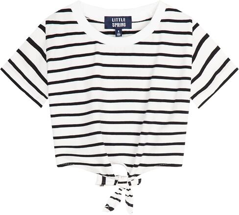 LittleSpring Girls Short Sleeve Striped Crop Tops with Tie Front Knot in Saudi Arabia