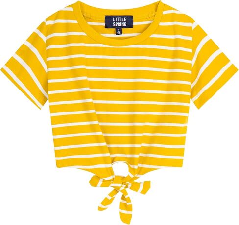 LittleSpring Girls Short Sleeve Striped Crop Tops with Tie Front Knot in Saudi Arabia