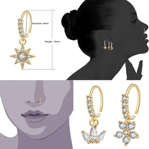 9PCS Nose Rings Hoop for Women Men CZ Cross Star Shape Nose Dangle Body Piercing Jewelry Cartilage Earring Nose Dangling in Saudi Arabia