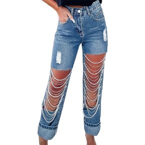 Hotheart Womens Sexy Ripped Distressed Destroyed Rhinestones Chain Party Clubwear Denim Pants Jeans