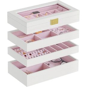 HOOBRO 4-Tier Jewelry Tray, Stackable Jewelry Box, Drawer Jewelry Organizer Tray, with Acrylic Lid, Wooden Jewelry Storage Holder for Earrings, Necklaces, Bracelets, Rings, White WT10JB04 in Kuwait