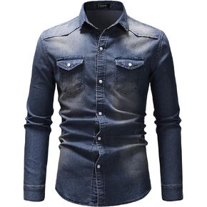 Men's Denim Shirt Casual Slim Fit Button Down Long Sleeve Washed Denim Shirt