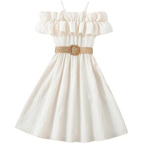 Floerns Girls Cold Shoulder Ruffle Trim Short Sleeve Belted A Line Midi Dress in Kuwait