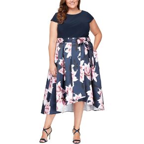S.L. Fashions Women's Plus Size Tea Length Tuck Neck Fit and Flare Dress