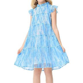 Kukume Girls Ruffle Dress Sleeveless Zipper Up Back Bow Tiered Chiffon A-Line Dress Flow Cute Midi Dresses 3-12 Years