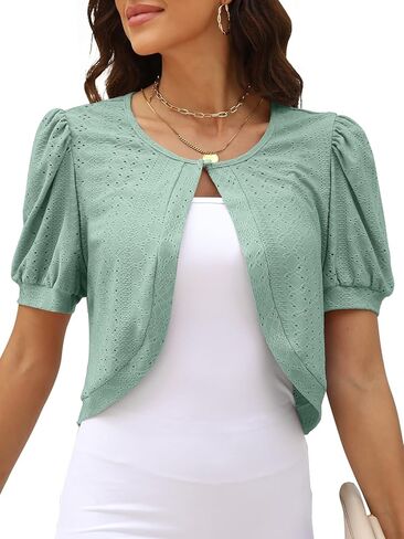 AFVETUT Women Puff Short Sleeve Bolero Shurg Eyelet Open Front Cropped Button Down Cardigan for Evening Dress in Kuwait