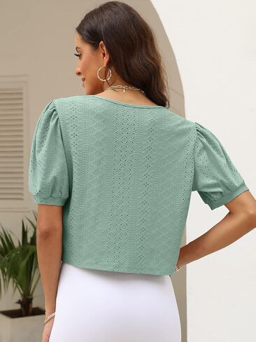 AFVETUT Women Puff Short Sleeve Bolero Shurg Eyelet Open Front Cropped Button Down Cardigan for Evening Dress in Kuwait