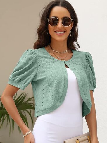 AFVETUT Women Puff Short Sleeve Bolero Shurg Eyelet Open Front Cropped Button Down Cardigan for Evening Dress in Kuwait