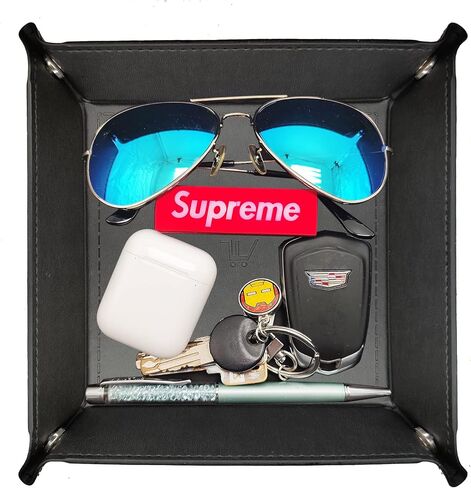 WOBACWVO Valet Tray Organizer Storage for Wallets Watches Phone Keys holder Dish Bowl Coins Office Desk Accessory Entryway Catchcall Tray Nightstand Organizer PU leather Handmade (Black) in Saudi Arabia