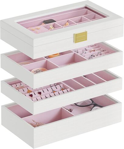 HOOBRO 4-Tier Jewelry Tray, Stackable Jewelry Box, Drawer Jewelry Organizer Tray, with Acrylic Lid, Wooden Jewelry Storage Holder for Earrings, Necklaces, Bracelets, Rings, White WT10JB04 in Kuwait
