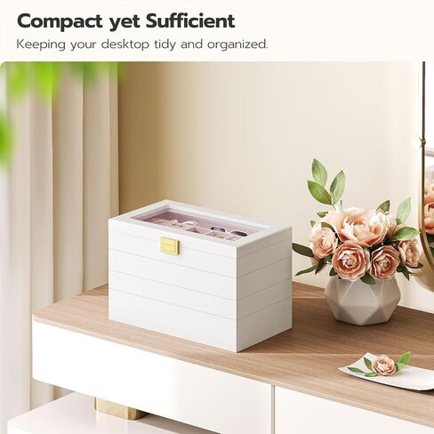 HOOBRO 4-Tier Jewelry Tray, Stackable Jewelry Box, Drawer Jewelry Organizer Tray, with Acrylic Lid, Wooden Jewelry Storage Holder for Earrings, Necklaces, Bracelets, Rings, White WT10JB04 in Kuwait