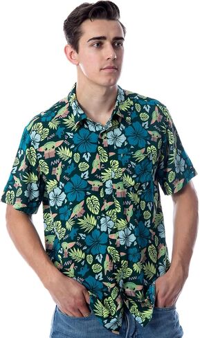 Star Wars Men's The Mandalorian Grogu Baby Yoda Leaves Hawaiian Button Up Shirt in Saudi Arabia