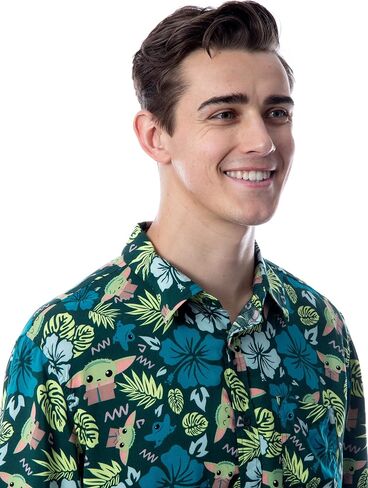 Star Wars Men's The Mandalorian Grogu Baby Yoda Leaves Hawaiian Button Up Shirt in Saudi Arabia