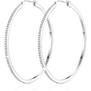 18K White Gold Plated Sterling Silver Post Cubic Zirconia Hoop Stud Earrings 15mm-60mm Options, Big Silver Hoop Earrings Hypoallergenic Jewelry