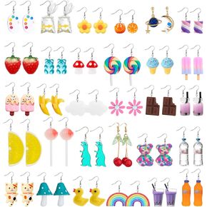 ريوسو 30 زوج من الاقراط المتدلية اللطيفة والمرحة الغريبة غير التقليدية للنساء، اقراط كاواي مبتكرة فريدة من نوعها بتصميم فطر وبطة ومصاصة وفراولة وكرز ودب جامي وزهور متدلية in Kuwait