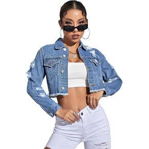 MakeMeChic Women's Cropped Jean Jacket Long Sleeve Ripped Button Down Denim Jacket in Saudi Arabia