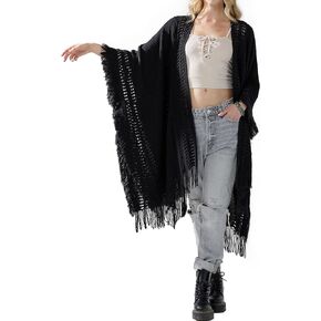 سترة صوفية نسائية من noflik مهدبة من Ruana Poncho