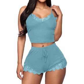 Vrtige Women's Pajamas Set Contrast Lace Trim Cami Crop Top with Drawstring Shorts PJ Set