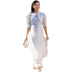 CuteSass Blue or Beige Short Sleeve Ao Dai Set | Pre-made Modern Vietnamese Ao Dai |Women Ao Dai with Pants | Lunar New Year